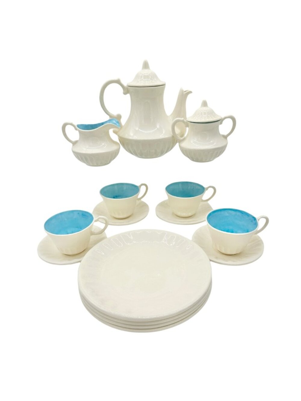 Childrens 17 Piece Ceramic Tea Set With Blue Interiors and White Exterior Design